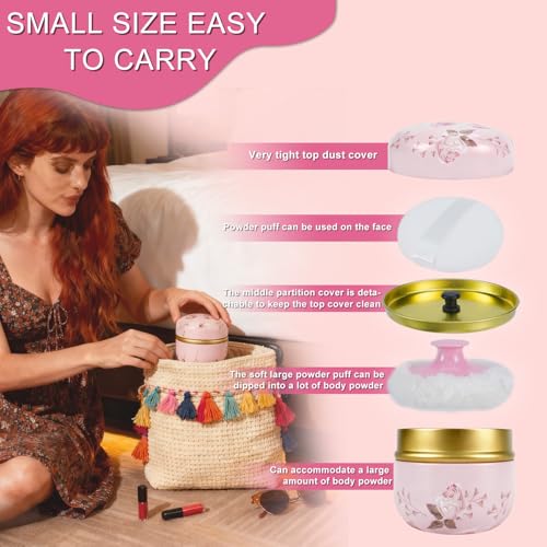 SHIMIDO Body Powder Puff Container with 2 Puffs, 3.35" Portable Tin