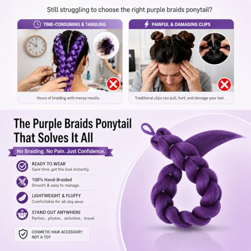 30-Inch Purple Braids Ponytail - Synthetic Pre-Braided Hair Extensions