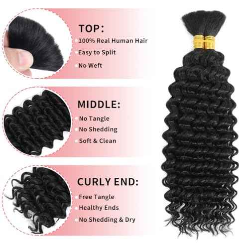 Human Braiding Hair for Boho Braids 12A Deep Water Wave Bulk Human Hair for Braiding No Weft Wet and Wavy Curly Human Hair Extensions (1B-Natural Black-Deep, 110g-26 Inch)