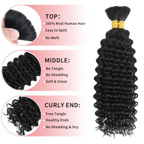 Human Braiding Hair for Boho Braids 12A Deep Water Wave Bulk Human Hair for Braiding No Weft Wet and Wavy Curly Human Hair Extensions (1B-Natural Black-Deep, 110g-24 Inch)