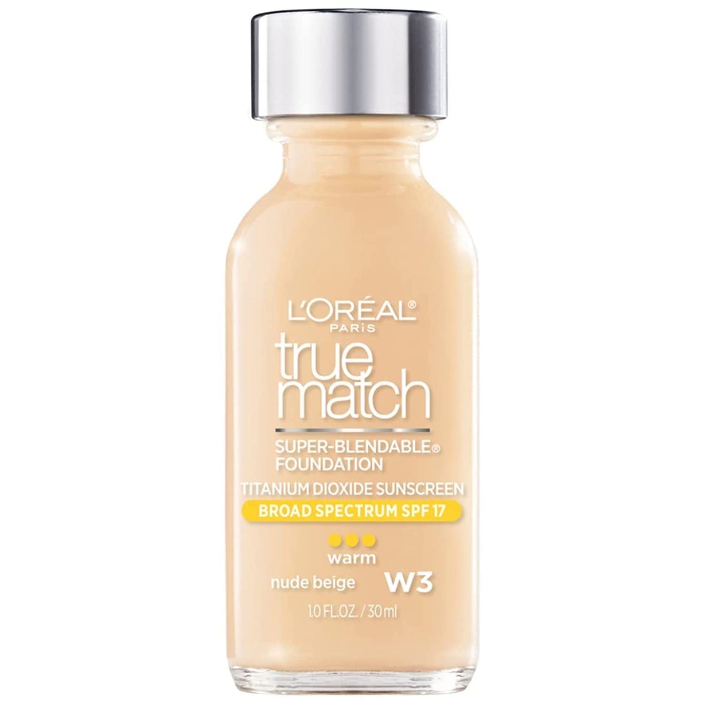 L'Oreal Paris Makeup True Match Super-Blendable Liquid Foundation, Nude Beige W3, 1 Fl Oz,1 Count