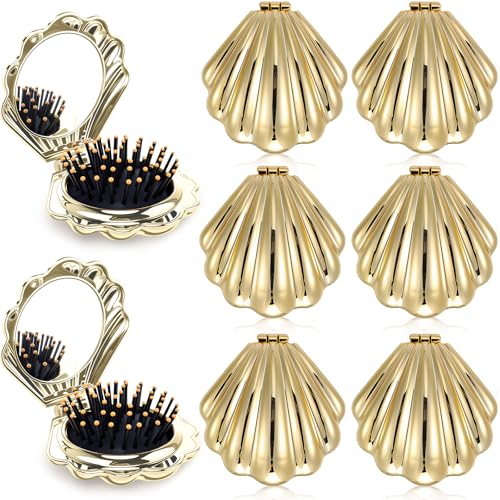 AceOrbit Mermaid Shell Hair Brush with Mirror - 6 Pcs Compact Travel Set