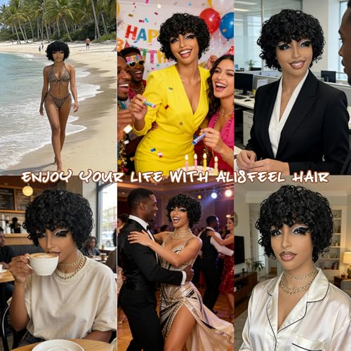 ALISFEEL Short Pixie Wig with Bangs - Egg Curly Human Hair, 602-1B