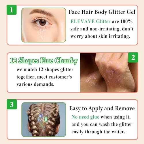 Body Glitter Face Glitter, Hair Glitter for Kids, 12 Shapes Fine Chunky Glitter Gel for Women Girls Makeup Sparkles Party Mermaid Sequins Rave Accessories Singer Concerts Festival (White Scheme)