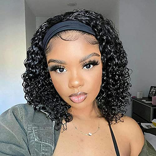 Aiterina Headband Wig Deep Wave 12 Inch Human Hair Headband Wig Curly hair Glueless Human Hair Wigs Machine Made No Lace deep Curly Headband Wig Natural color