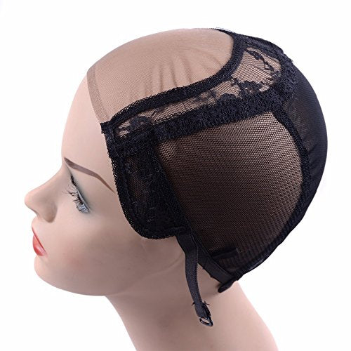 YANTAISIYU 4X4 Inch U Part Swiss Lace Wig Cap for Making Wigs with Adjustable Straps on the Back Glueless Hairnets (Black M)