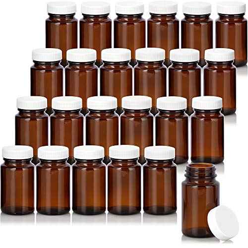 JUVITUS 2.5 oz Amber Glass Wide Mouth Packer Bottle with White Lid (24 Pack)