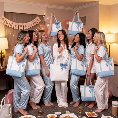 8 Pack Large Canvas Tote Bags with Zipper - Blue & White