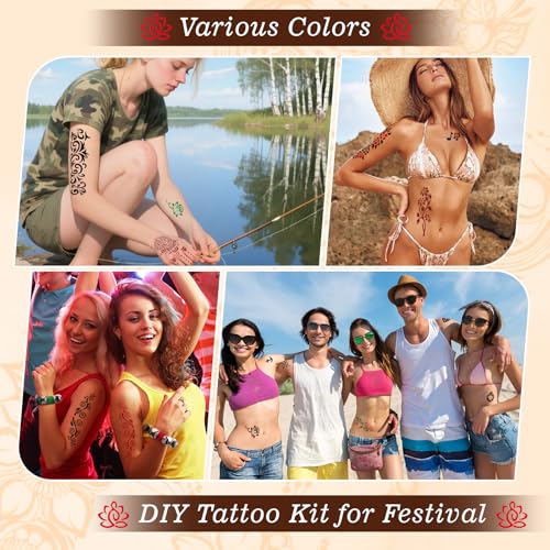 Brown Temporary Tattoo Stencils Kit - 4 Pcs Brown Tattoo Cones with 1Pcs Outline Pen |Tattoo Stencils Kit Includes Reusable Stencil Designs | DIY Body Art for Kids & Adults Party Gifts