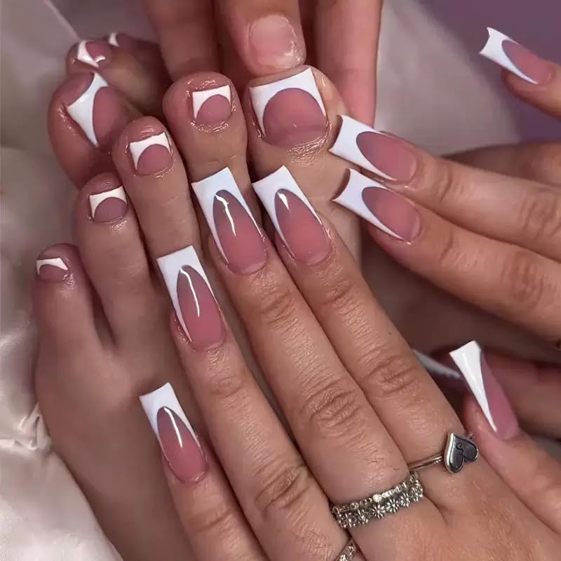White French Tip Press On Nails & Toenails Set - Medium Square Fake Nails for Manicure