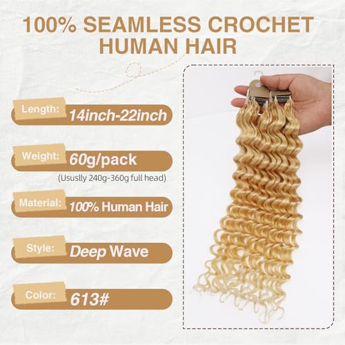 DRESSMAKER 613 Blonde Human Crochet Hair 18 Inch 60g Pre-Separated Feather Extensions - Deep Wave, Easy Install, Invisible Knots