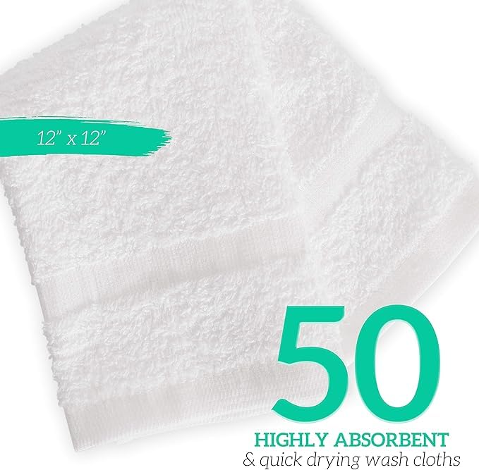 100% Cotton Washcloths 12x12" 50 Pack
