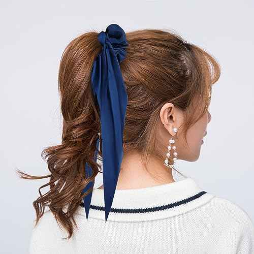 Cinaci 12 Pieces Solid Silky Satin Chiffon Hair Ties with Long Ribbon Bow Tail Hair Scrunchies Ponytail Holders Rubber Bands Accessories for Women Girls Teens