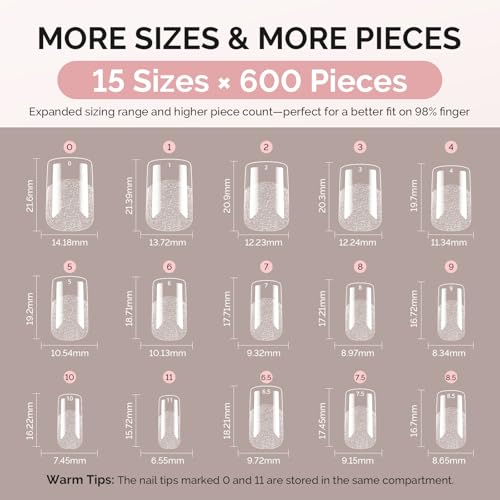 MelodySusie Short Square Nail Tips 600Pcs 15 Sizes – Strong Adhesion, Pre-Etched