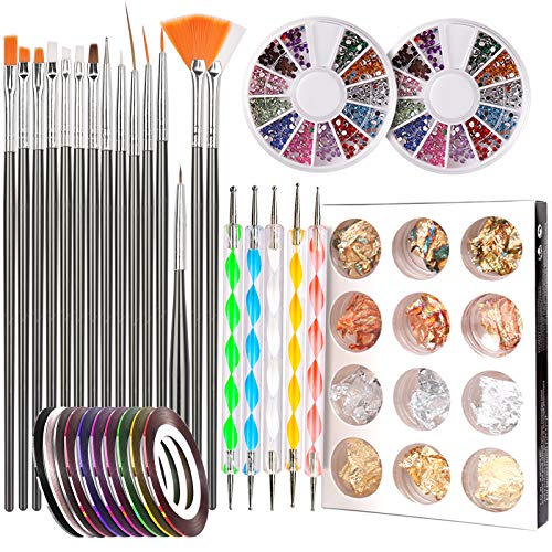 Teenitor Nail Art Kit with 15 Brushes, Dotting Tools & Rhinestones