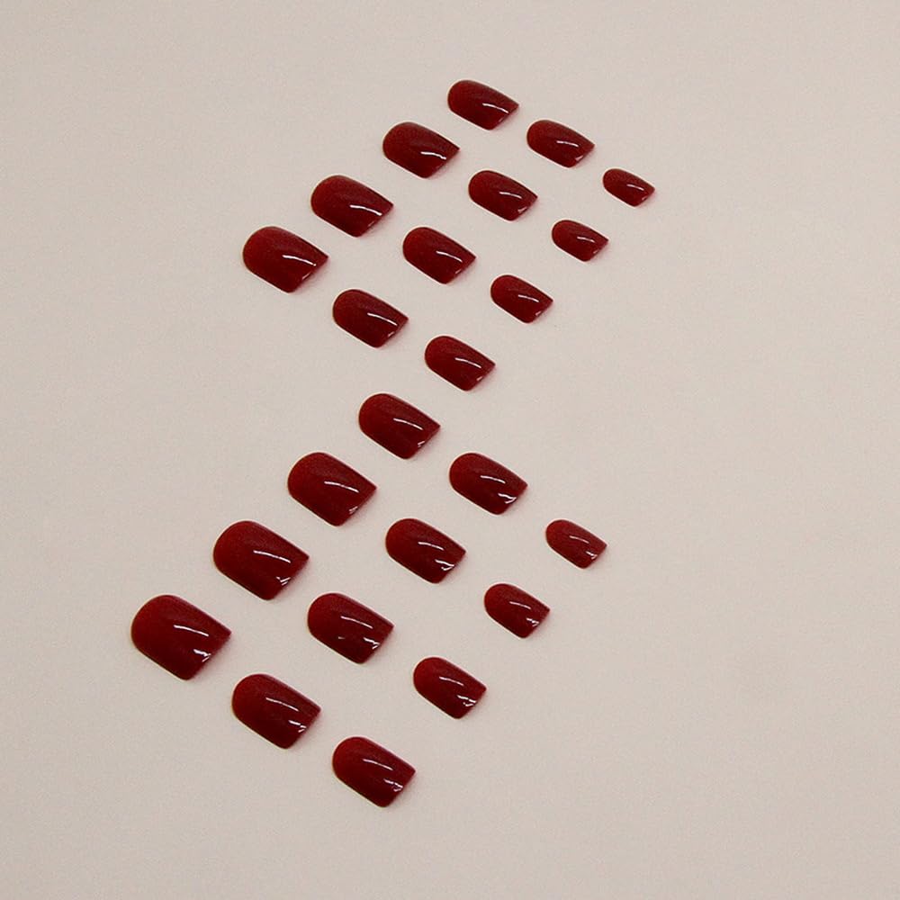 24Pcs Press on Nails Short Square Fake Nails Full Cover False Nails with Nail Glue Red Solid Color Glossy Glue on Nails Stick on Nails Acrylic Nails Artificial Nails for Women Girls