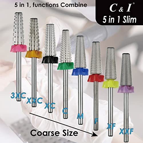 C & I 5 in 1 Nail Drill Bit, Slim Edition, Professional Manicure Drills for Electric Nail Drill Machine (Coarse -C)