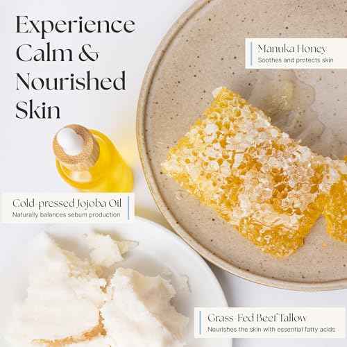 Grass Fed Beef Tallow for Skin, 6oz - Unscented Tallow and Honey Balm for Face & Body w/Jojoba Oil, Vitamins A, D, E, K & Antioxidants - Whipped Tallow for Moisturizer