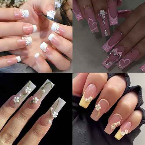 Nail Charms, 1000Pcs 3D Flower, White Acrylic, Metal, Pearl, Mix Sized, Spring Cherry Blossom Gems Design for Women Nail Decorations