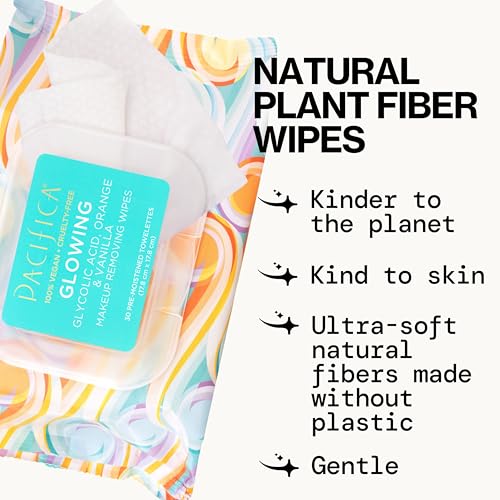 Pacifica Glowing Makeup Remover Wipes with Glycolic Acid - 30 Count, No Rinse Facial Cleansing Towelettes