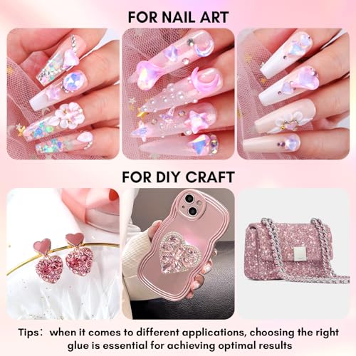 Makartt Nail Charms Rhinestone Glue Kit 15ml Gel Nail Glue with 100PCS Pink Rhinestone Gems 3D Nail Art Decor with Tweezer Acrylic Nail Supply for Nail Techs DIY Nail Decorations Gift