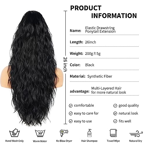 26 Inch Drawstring Ponytail Extension - Wavy Black Hair