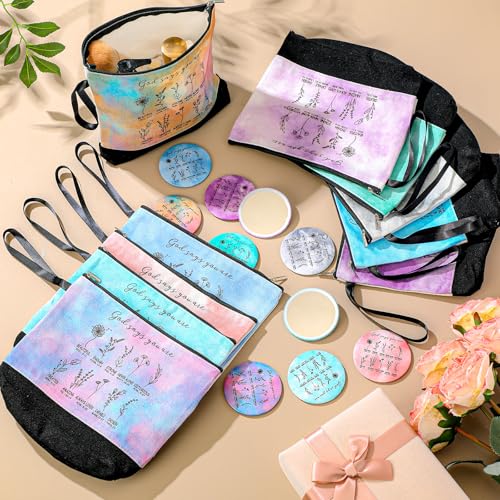 Kacctyen 10 Sets Christian Gift Bulk Christian Makeup Bag Religious Pocket Compact Mirror Inspirational International Women's Day Bible Verse Cosmetic Bag with Zipper for Church Member (Classic)