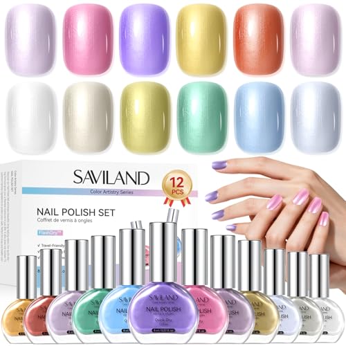 SAVILAND Shine Metallic Quick Dry Nail Polish Set - 12 Vibrant 8ml Colors for Nails