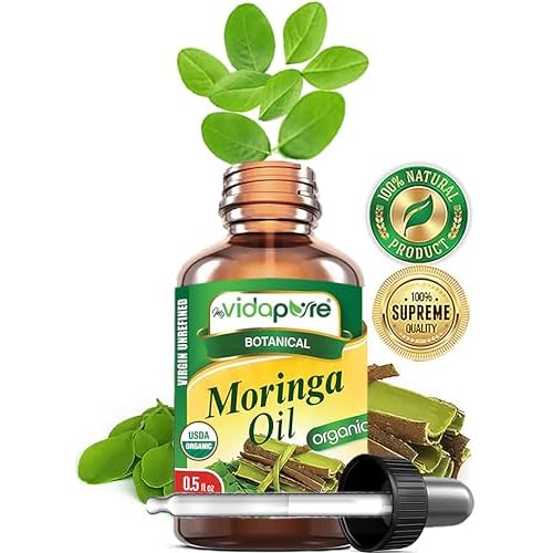 MYVIDAPURE Organic MORINGA OIL Moringa Oleifera Certified Organic 100% Natural Pure Virgin Unrefined for Face, Skin, Body, Hair, Lip, Nails Anti-Aging, Rich in Vitamin E (0.5 Fl Oz)