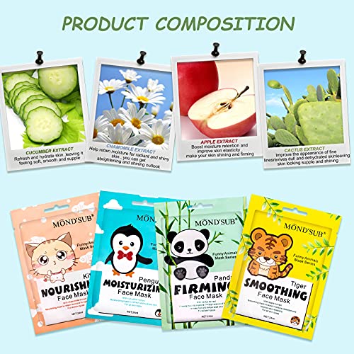 Animal Spa Mask, Character Masks Sheet- Penguin, Panda, Tiger, Cat -Nourishing Moisturizing Effects For All Skin Types- Birthday Party Gift for her, Girls Night, Spa Night, Beauty Gift (4pack)