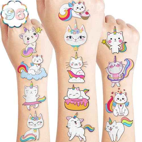 96 PCS Caticorn Cat Pre-Cut Temporary Tattoos Themed Birthday Party Supplies Decorations Favors Decor Funny Cute Cartoon Rainbow Meowgical Tattoo Stickers Gifts For Boys Girls Classroom