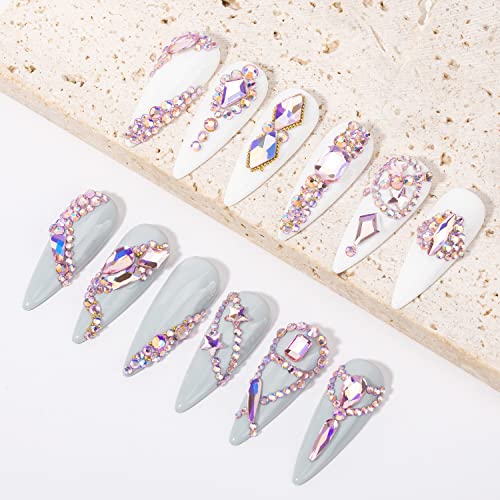 Nail Rhinestones - 4300pcs Crystal Pink AB, Multiple Shape Gems, Flat Back Rhinestones, with Kit and Glue Gel, for Nail Art