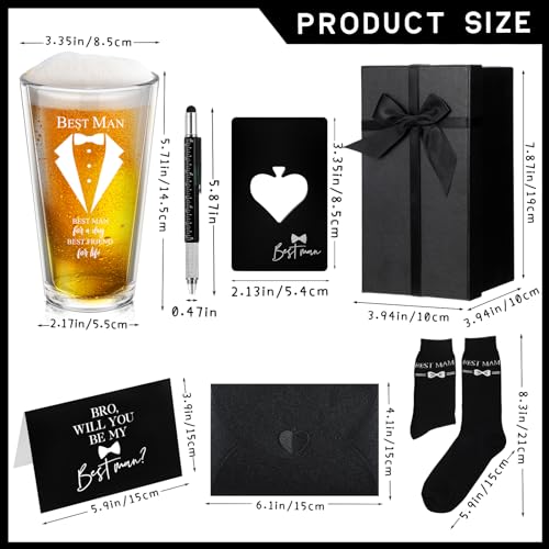 Qinyoung 7 Pcs Best Man Gifts Wedding Proposal Gift for Groomsman 16 oz Beer Glass Cup Bottle Cap Opener Socks Multi Tool Ballpoint Pen with Greeting Card Black Envelope Box(Best Man)