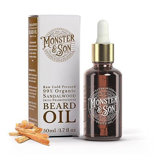 Monster&Son Sandalwood with Frankincense Raw Cold Pressed Organic Beard Oil 1.7oz - Helps to Hydrate, Style and Promote New Hair Growth - Rich in Vitamins & Minerals - Jojoba, Argan & Meadowfoam Oils