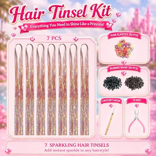 Amztulip Gold-Silver-Pink Hair Tinsel Kit with Tools, Glitter Extensions for Girls, 7 Pack