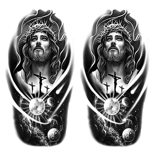 2 Sheets Realistic Animal Temporary Tattoos Stickers Jesus God Cross Space Planet Designs For Men Waterproof Arm Leg Fake Body Art, Gym & Parties Bold Masculine Decals