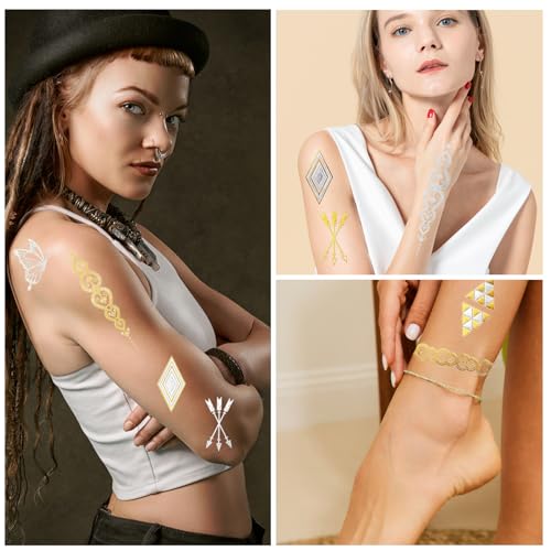 Konsait 9-Sheet Metallic Temporary Tattoos - Gold & Silver Designs