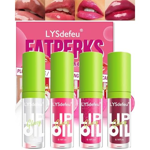 4 Colors Lip Oil Lip Glaze,Hydrating Tinted Plumping Lip Gloss,Clear Pink Shiny Glow Reviver Lip Care Oil,Longlasting Non-sticky Transparent Lip Oil,Christmas Makeup Gift Kit for Women-SetA