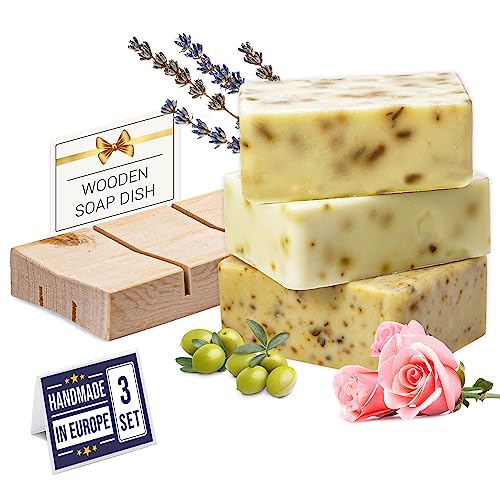 All Natural Set of Soap Bars, Rose, Lavender, Olive Oil with Wooden Soap Dish, Assortment of Natural Hand-Made Soaps, Made in Europe