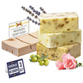 All Natural Set of Soap Bars, Rose, Lavender, Olive Oil with Wooden Soap Dish, Assortment of Natural Hand-Made Soaps, Made in Europe