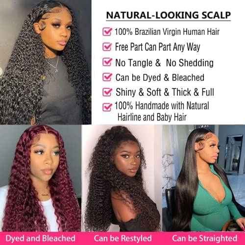 Deep Wave Lace Front Wigs Human Hair 13x4 HD Transparent Lace Frontal Glueless Wigs for Women, Natural Black, 16 inch
