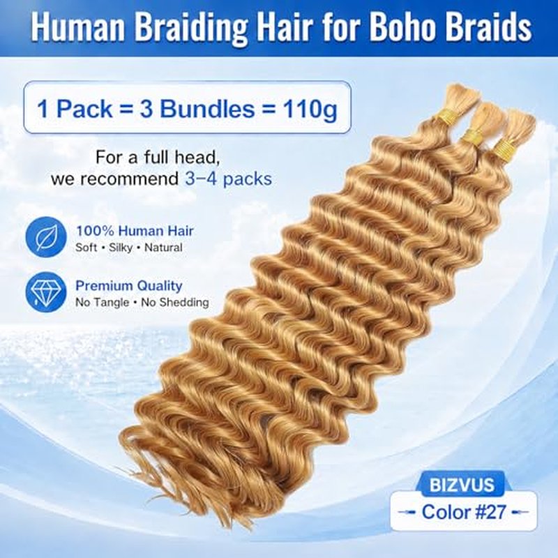 Boho Braiding Hair 110g Deep Wave Human Hair 18" Honey Blonde