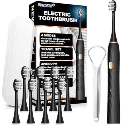 FXQQZZ Electric Toothbrush for Adults and Kids, with Tongue Scraper and Travel Case, 8 Brush Head, Smart Timer & 4 Modes Rechargeable Toothbrush, 42000 VPM Deep Clean, One Charge Last 90 Days - Black