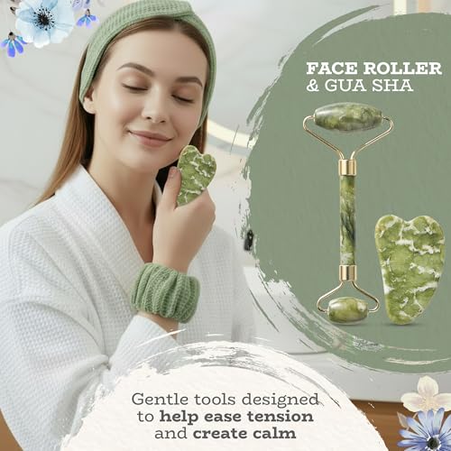 Self Care Gifts for Women, Spa Gift Baskets for Women with Neck Wrap, Spa Head Band & Bracelet, Face Roller, Gua Sha, Face Scrubbers, Aromatic Candle and Healing Stone Bracelet, Self Care Kit.