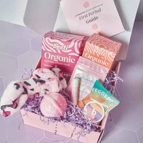 Besti First Period Kit for Girls (Ages 9-12) | Organic Pads & Liners, Pimple Patches, Bath Bomb, Lip Balm, Spa Headband & First Period Guide | Self-Care Gift Box for Teens ? Menstrual Starter Kit