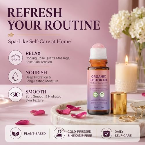 Organic Castor Oil Roll-On with Rose Quartz Roller - 1.7 fl oz