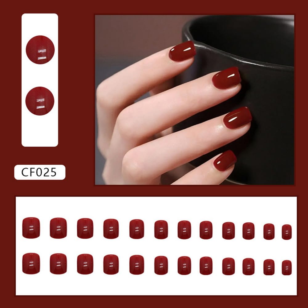 24Pcs Press on Nails Short Square Fake Nails Full Cover False Nails with Nail Glue Red Solid Color Glossy Glue on Nails Stick on Nails Acrylic Nails Artificial Nails for Women Girls