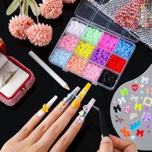 LERBOU 5-Box Nail Art Kit with 24-Color Resin Rhinestones Flowers & Bowknot Decorations
