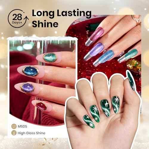 Beetles Velvet Starlight Cat Eye Gel Nail Polish Set, 6 Colors Christmas Gel Nail Kit Glitter Red Green Pink Shiny Brown Burgundy Purple Blue Magnetic Effect Soak Off UV Manicure Gifts for Women