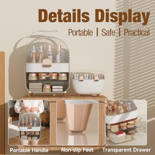 Makeup Organizer for Vanity with perfume Storage Box, Countertop Skincare Organizer with 2 Drawers, Cosmetic Display Case for Perfumes, Eyeshadow Palettes, Nail Polishes, Rose Gold